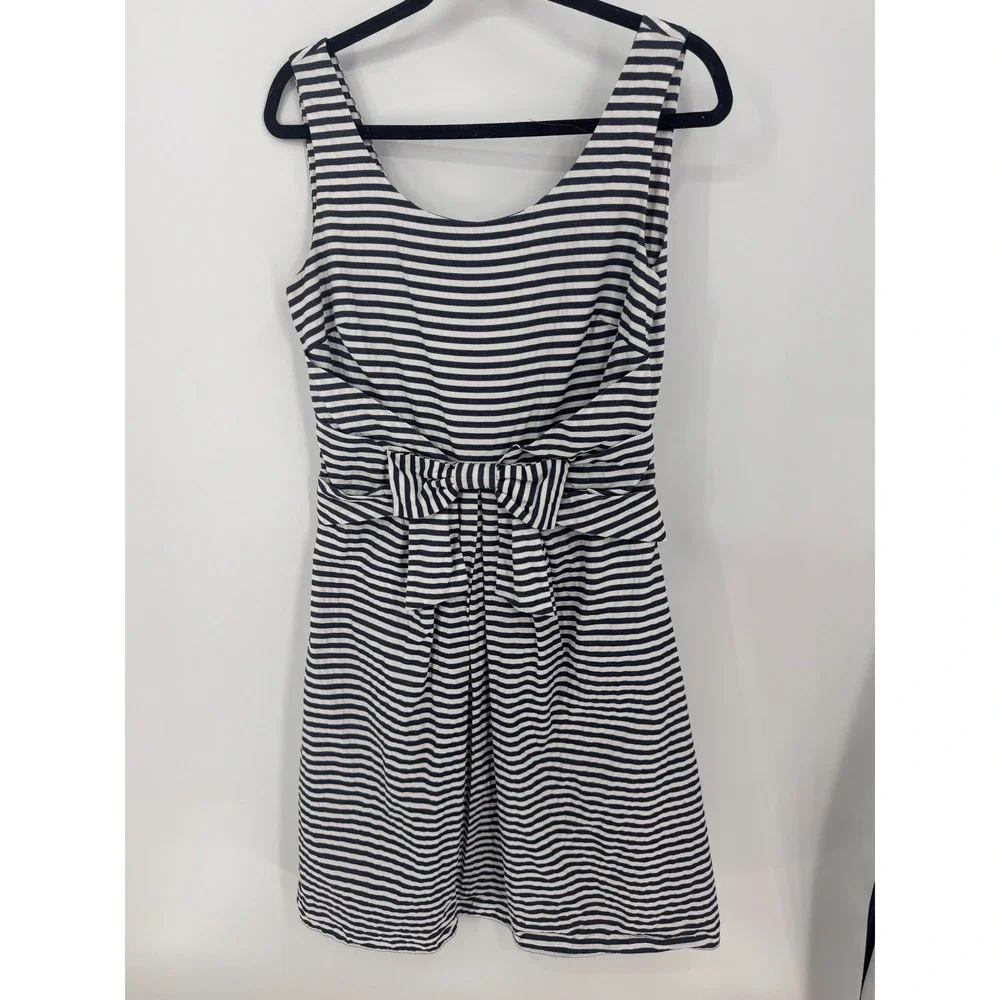 Kate Spade Striped Bow Dress Womens 6 Navy White Cotton Sleeveless‎ Knee Length